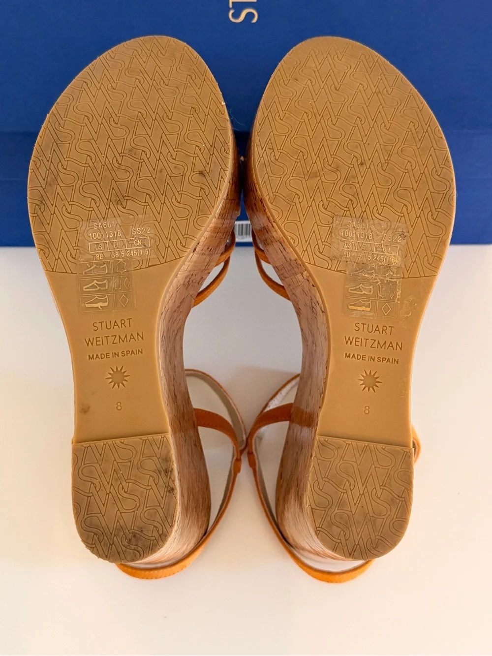 Stuart Weitzman Soiree Orange Suede Cork Wedge Sandals